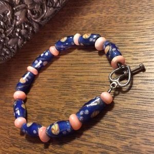 Antique Art Glass / Angel Skin Coral 925 Bracelet